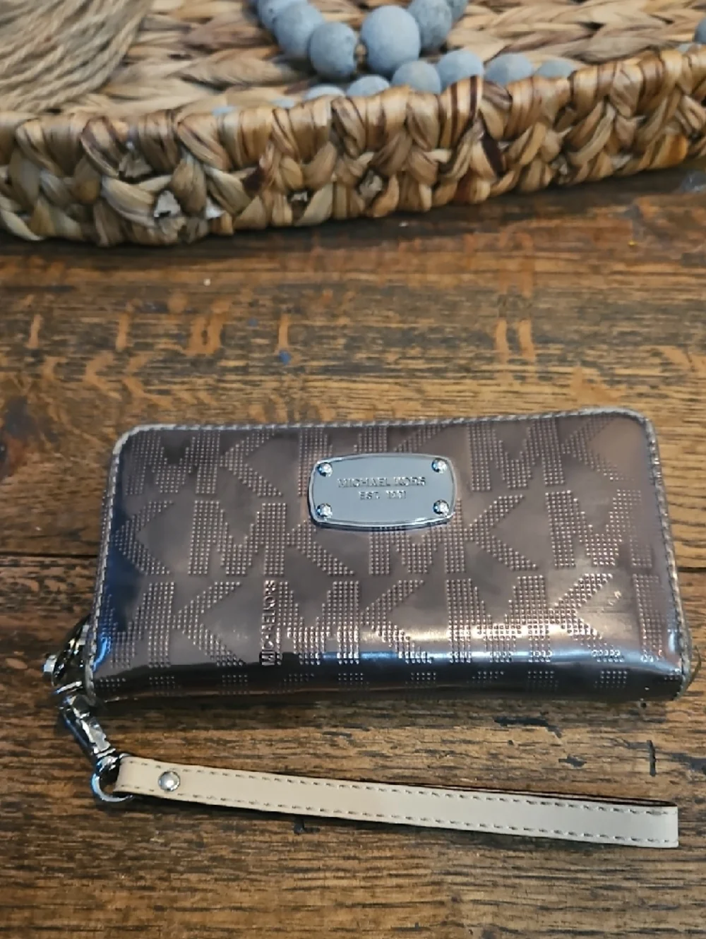 Michael Kors Metallic Bronze Logo Wristlet Wallet with Cream Strap‎